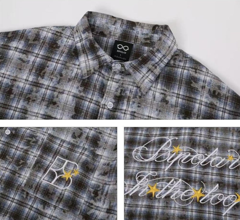 BIPOLAR Retro Floral Letter Embroidered Tie-dye Plaid Shirt