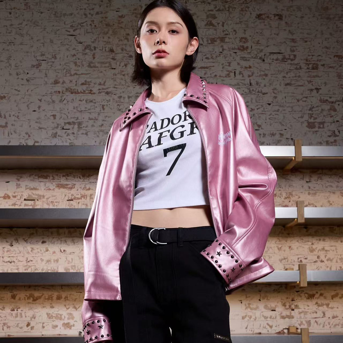 AFGK Glossy Studded Zippered Leather Jacket
