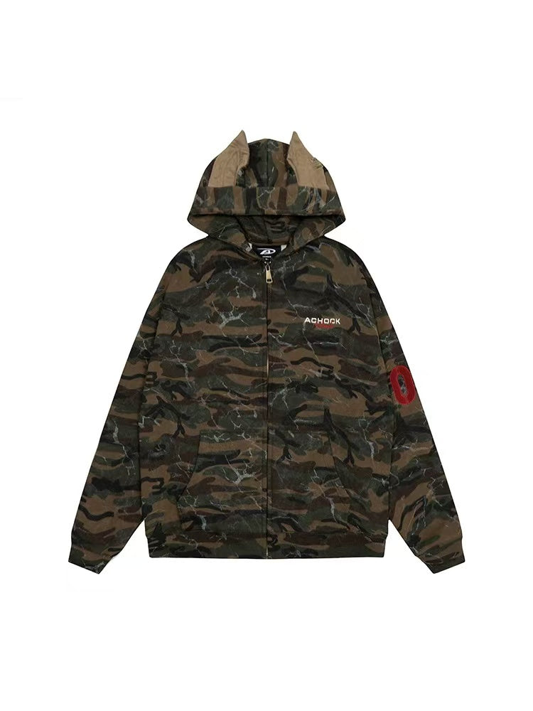 ACHOCK Camouflage Doberman Ear Hooded Fleece Cardigan Sweatshirt