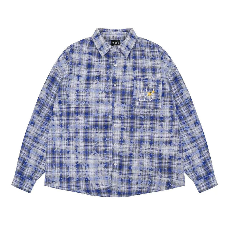 BIPOLAR Retro Floral Letter Embroidered Tie-dye Plaid Shirt