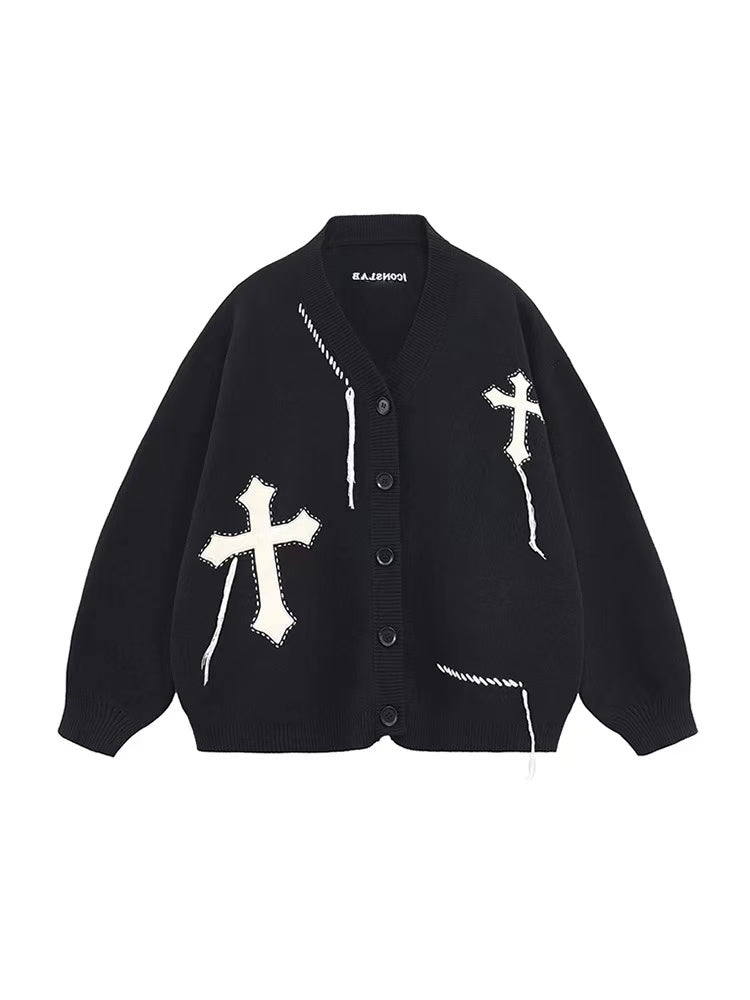ICONSLAB V-neck Knitted Cardigan Cross Jacquard Sweater