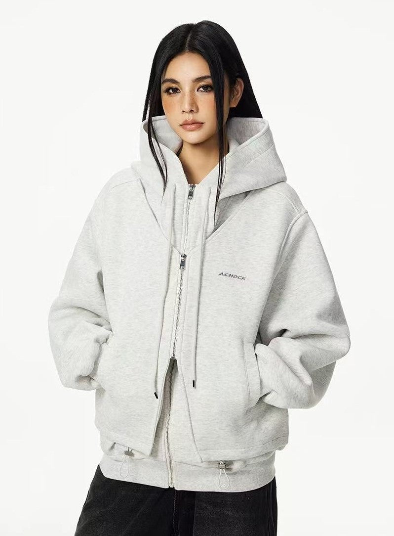 ACHOCK Double Zipper Air Layer Cardigan Hooded Jacket