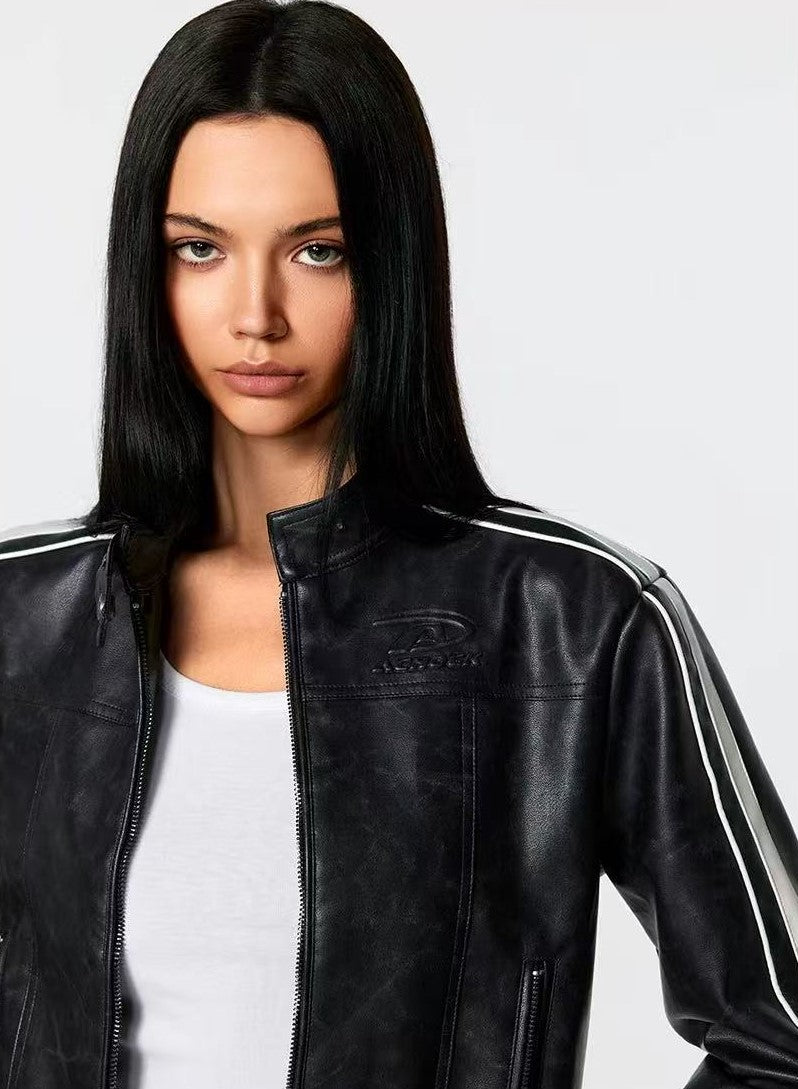 ACHOCK Leather Striped Motorcycle Jacket (For Women)