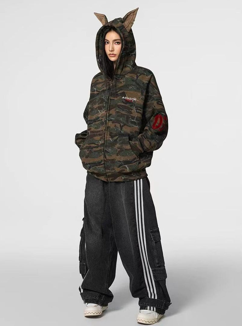 ACHOCK Camouflage Doberman Ear Hooded Fleece Cardigan Sweatshirt