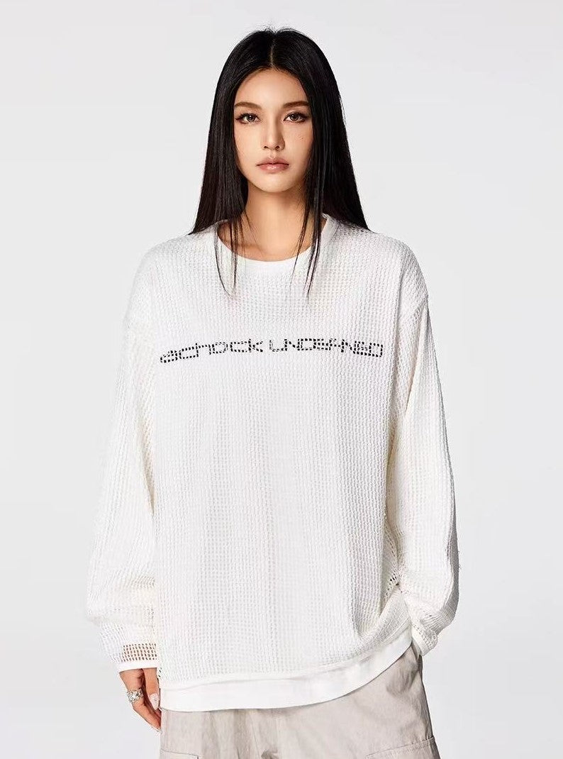 ACHOCK Fake Two-piece Heavy-duty Hollow Printed Long-sleeved T-shirt