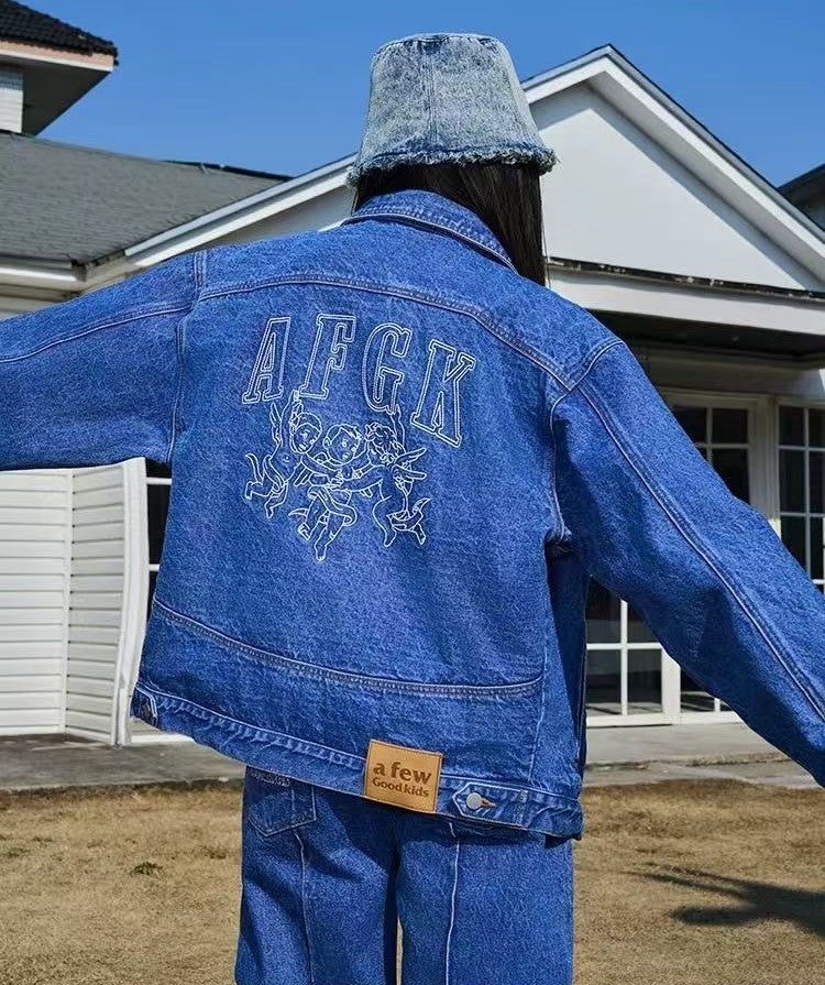 AFGK Three Angels Topstitch Embroidered Denim Jacket