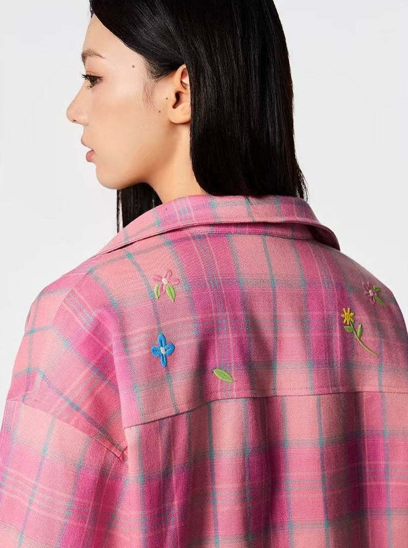 ACHOCK Vintage Floral Embroidered Plaid Long-sleeve Shirt