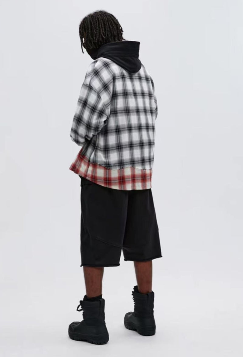 ATRY Plaid Paneled Raw Edge Long-sleeved Shirt