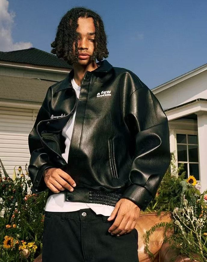 AFGK Logo Embroidered Leather Jacket