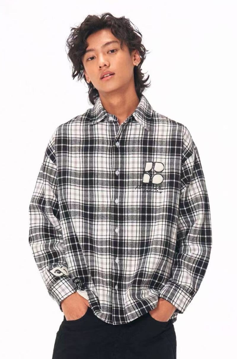 BIPOLAR Fleece patchwork Brushed Contrast plaid Tops