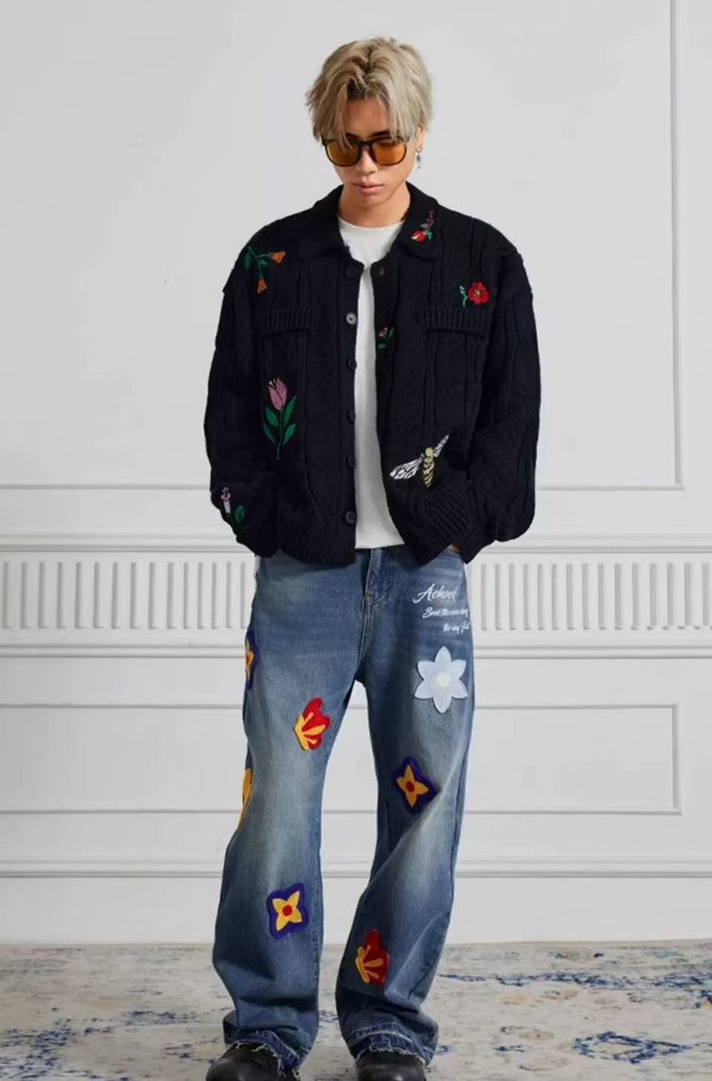 ACHOCK Creative Letter Petal Embroidered Jeans