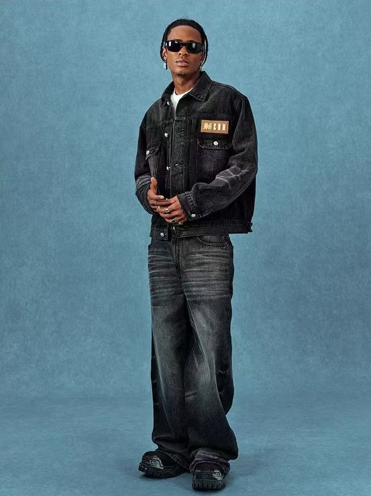MEDM Leather Patch Distressed Washed Denim Jacket
