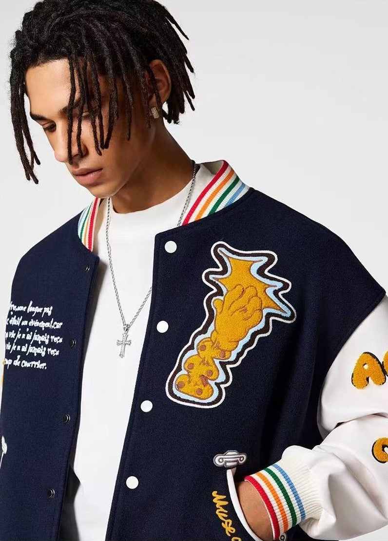 ACHOCK Crescent Bear Embroidered Baseball Jacket
