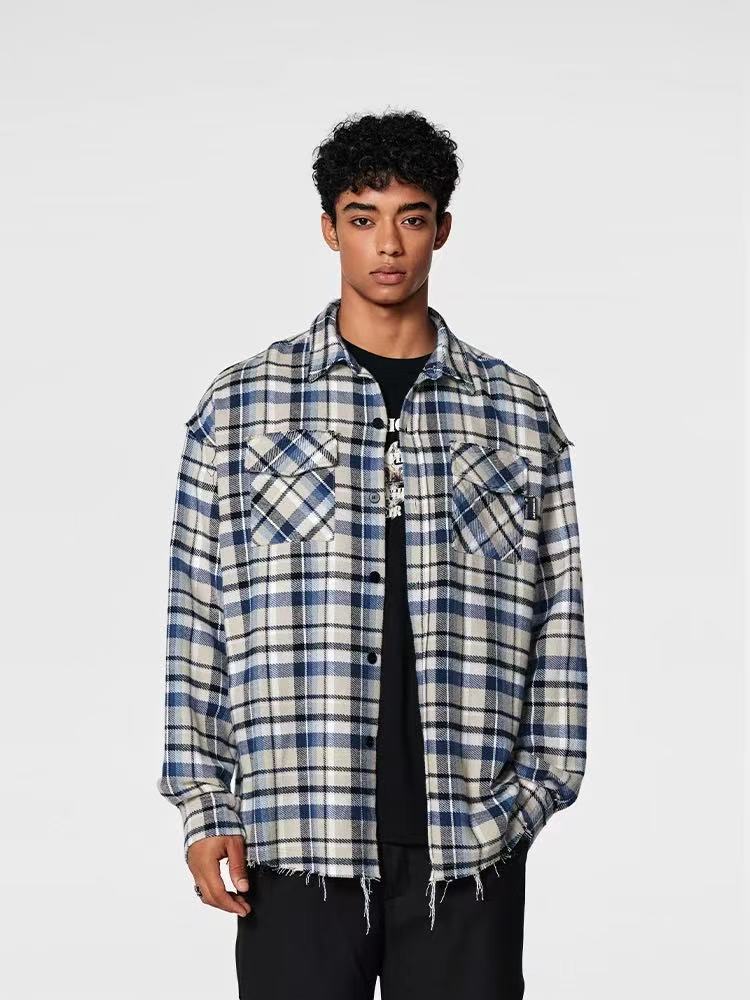 ACHOCK Retro Plaid Tassel Long-sleeve Shirt