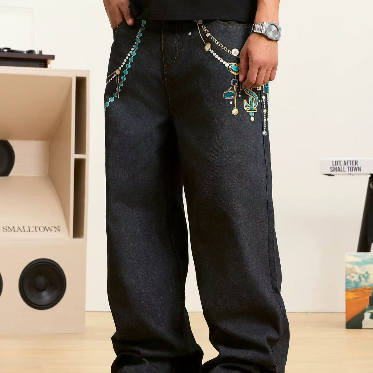 STK Heavy Work 3D Turquoise Pearl Printed Jeans