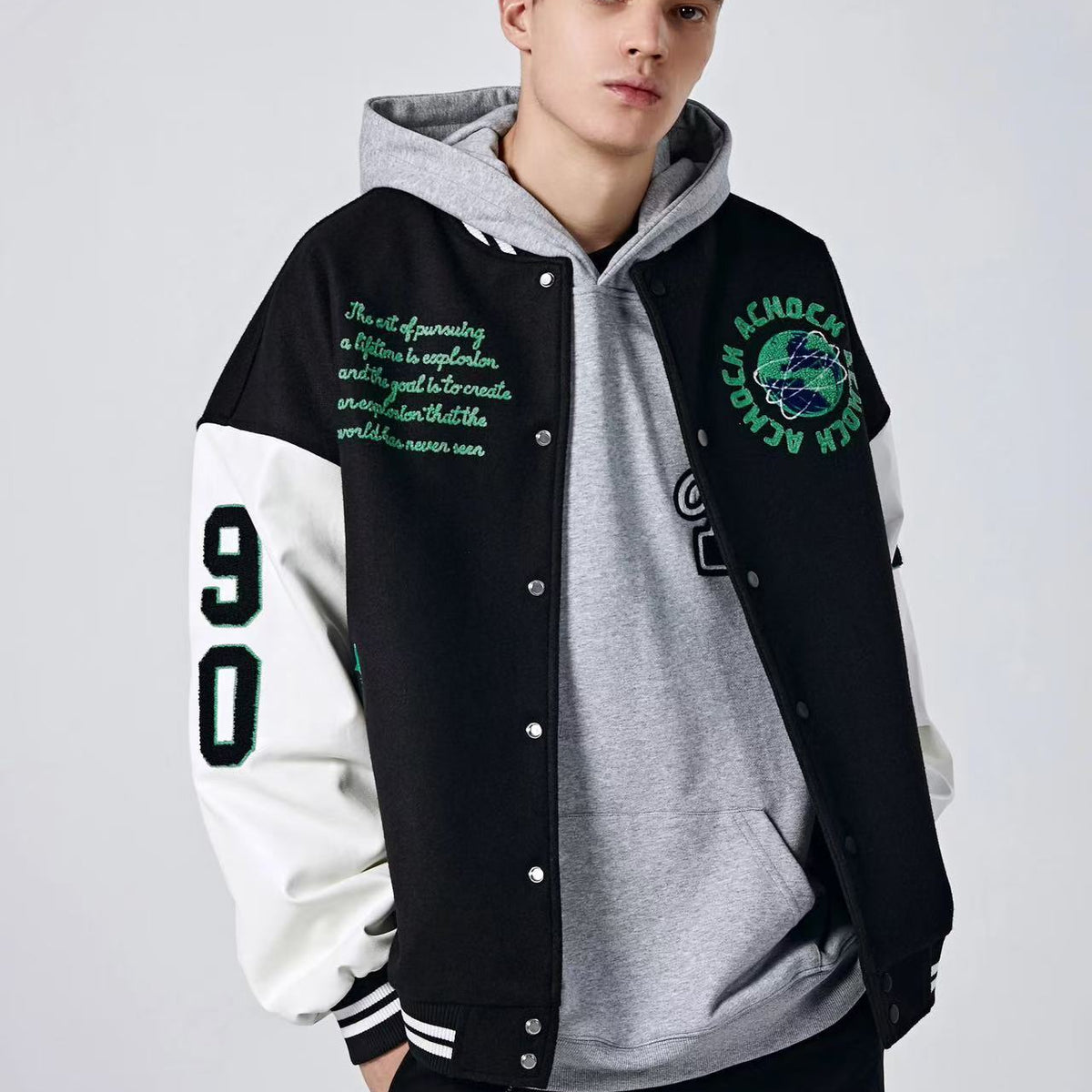 ACHOCK Green Earth Embroidered Baseball Jacket