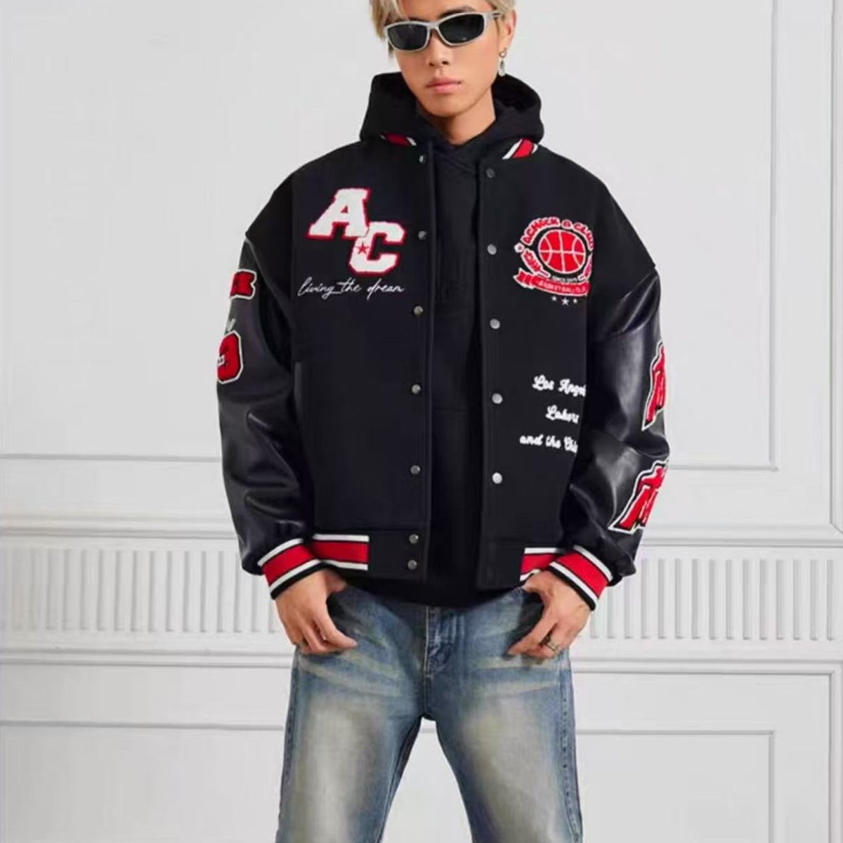 ACHOCK Retro Stitching Flocked Embroidery Varsity Jacket