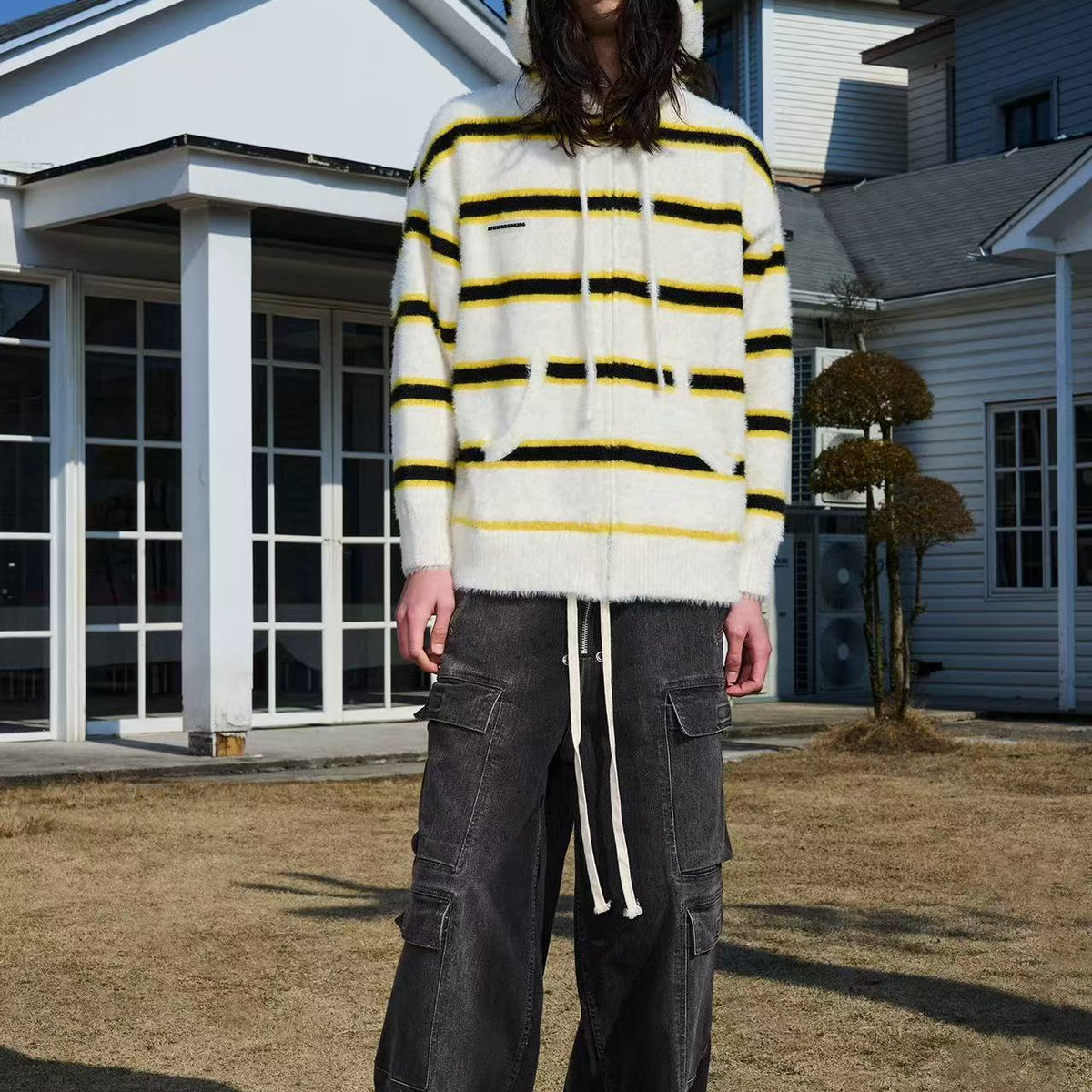 AFGK Striped Zip Hooded Cardigan Sweater