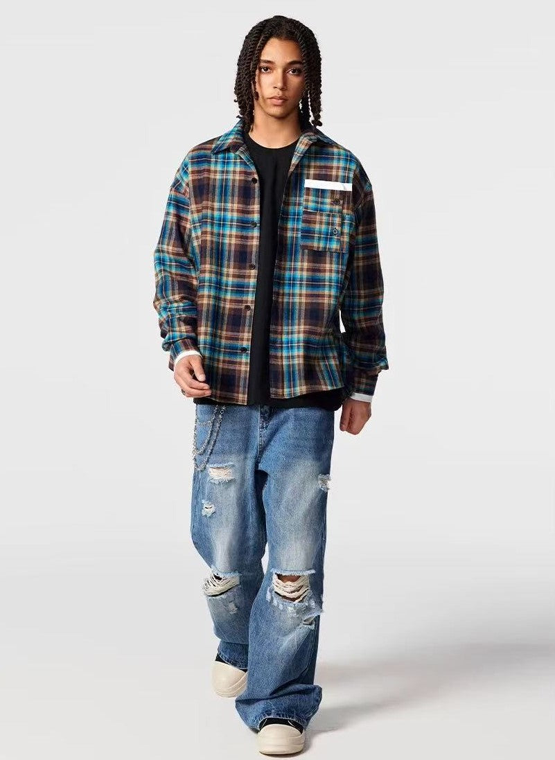 ACHOCK Plaid Pocket Long-sleeve Shirt
