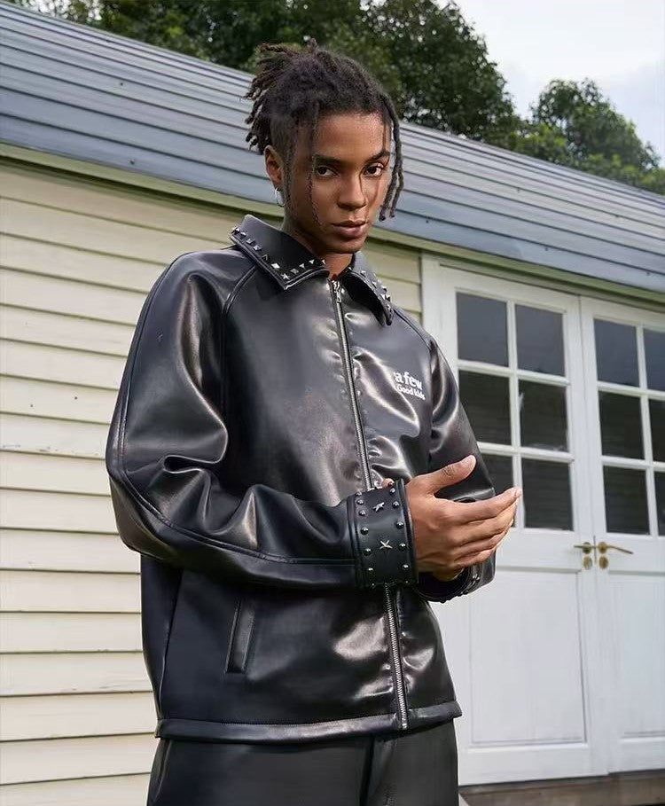AFGK Glossy Studded Zippered Leather Jacket