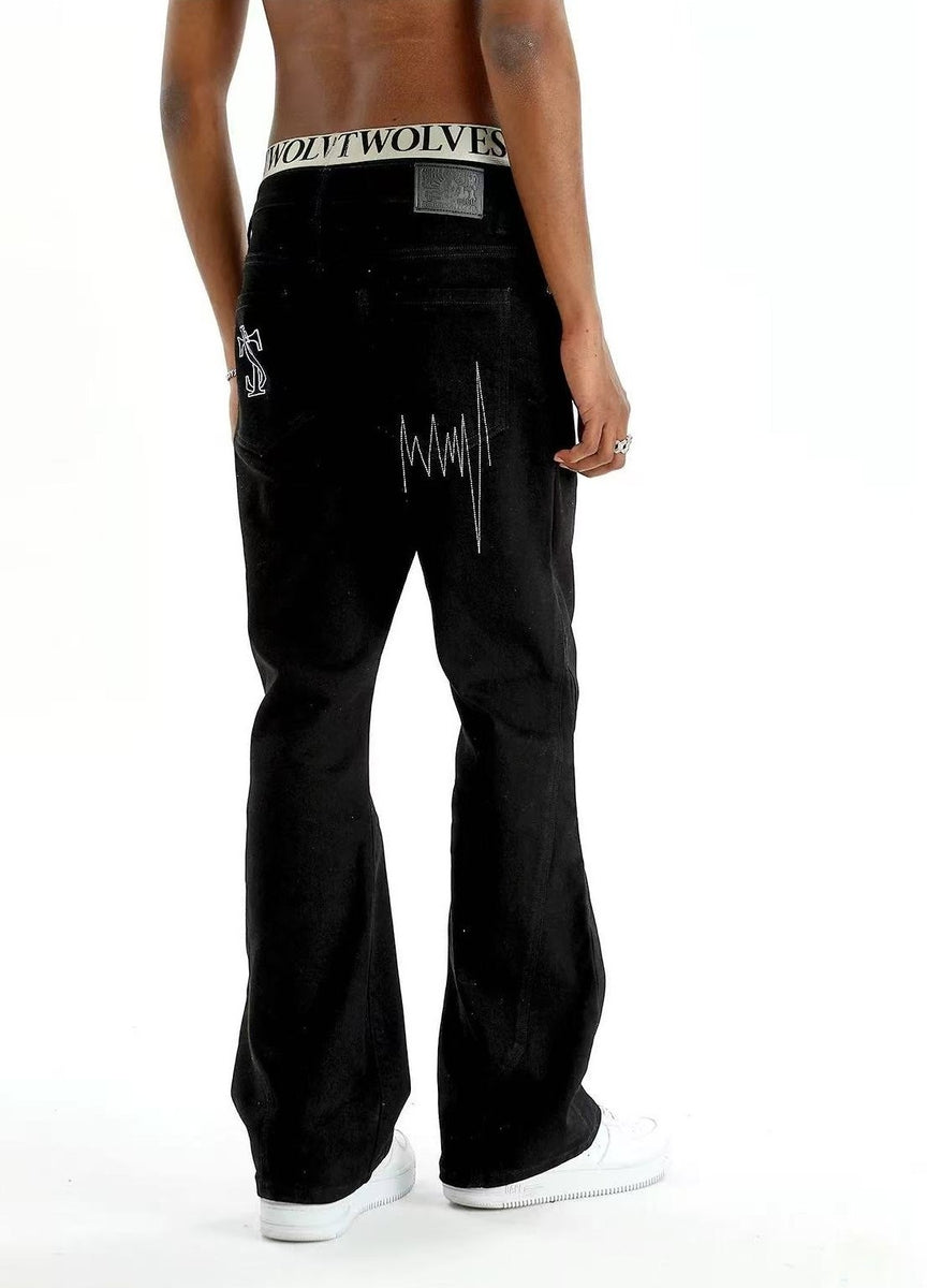 STK Wavy Line Slight Flared Waterwashed Jeans