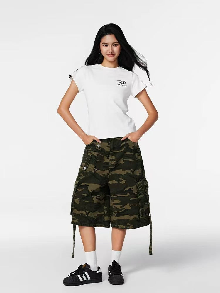 ACHOCK Retro Big Pocket Camouflage Baggy Shorts