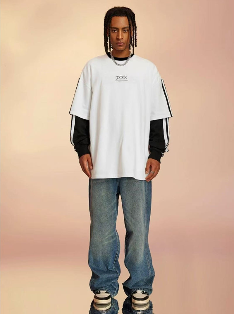 ICONSLAB Striped Webbing Fake Two-piece loose Pullover Crew Neck Sweatshirt