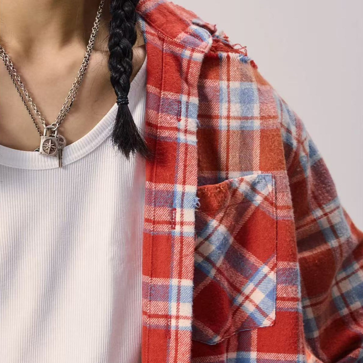 REMEDY Distressed Plaid Long-sleeve Shirt
