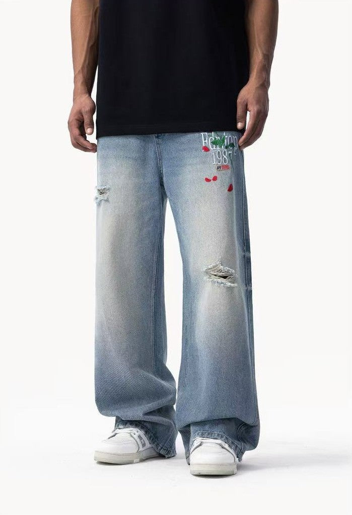 FDR Rose Embroidered Ripped Jeans