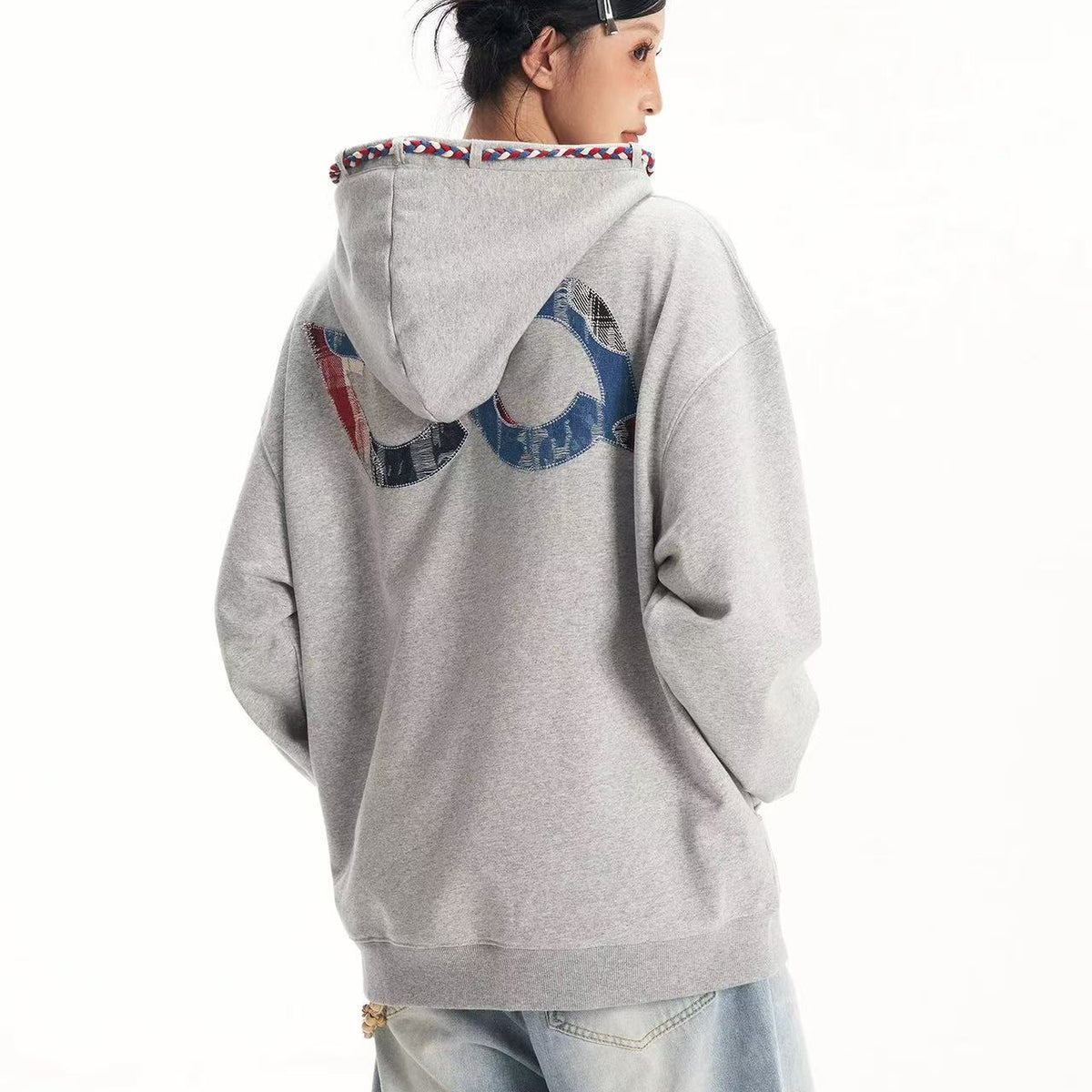 BIPOLAR Denim Patchwork Plaid Hoodie