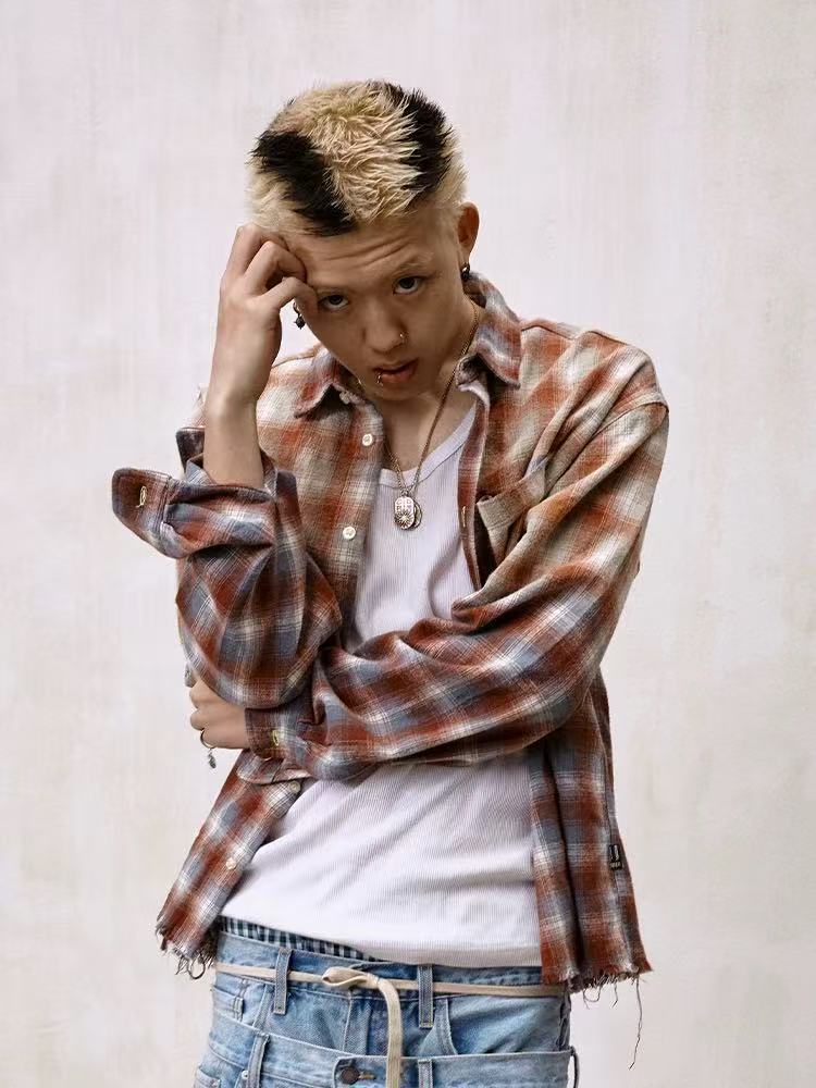 REMEDY Fringed Plaid Long-sleeve Shirt