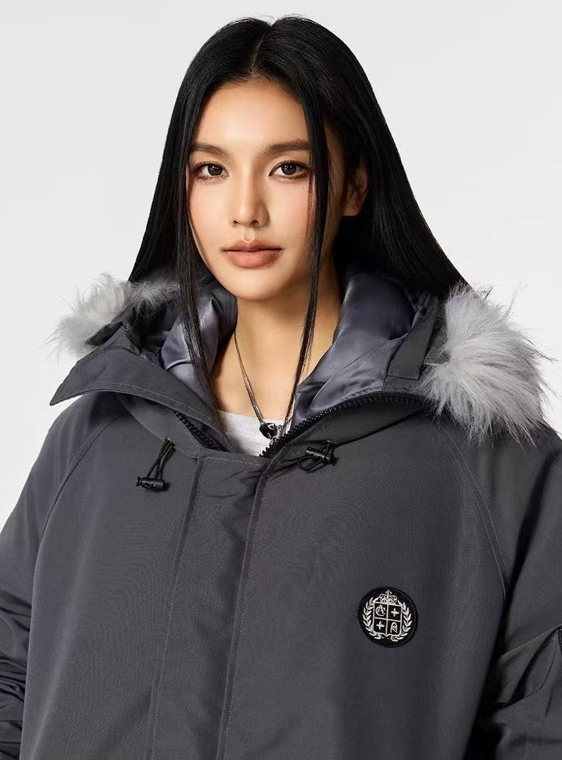 ACHOCK Logo Design Fur Collar Hooded Cotton Coat