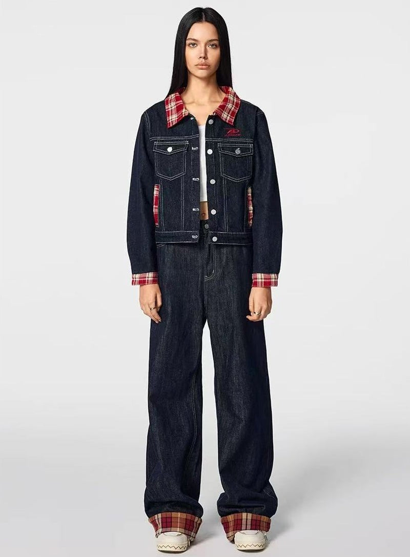 ACHOCK Plaid Patchwork Design Denim Jeans