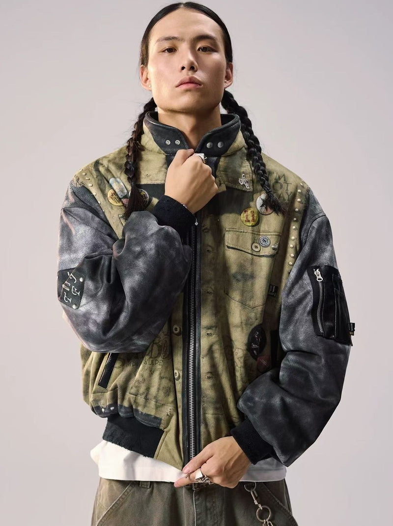 REMEDY Washed Printed Patchwork Bomber Jacket
