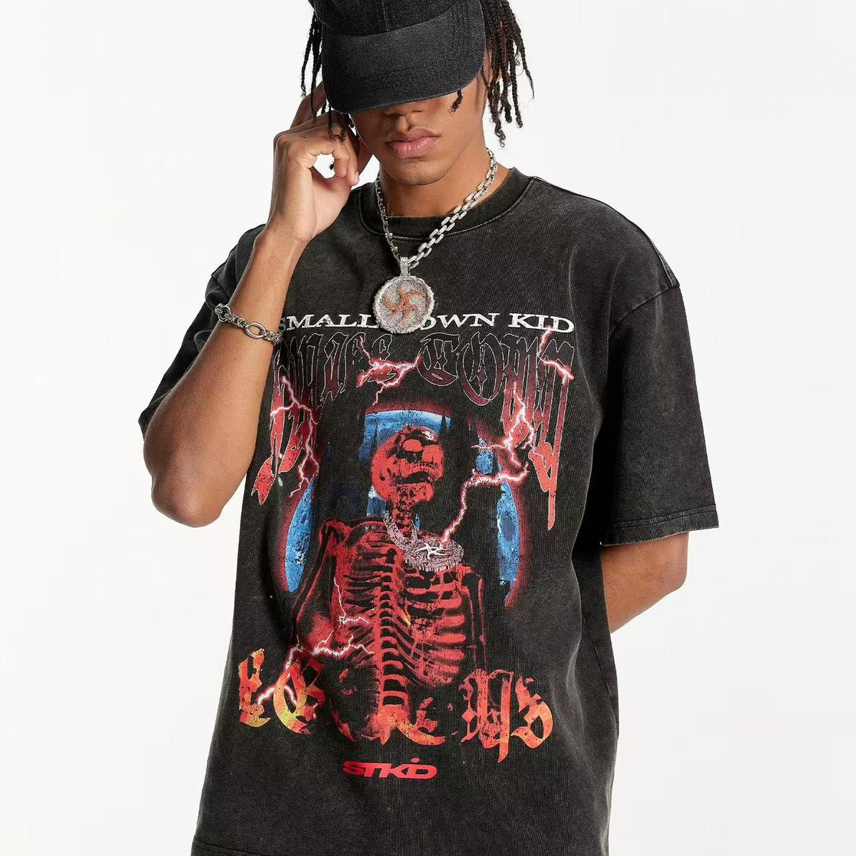 STK Washed Skull Print Crew Neck T-Shirt