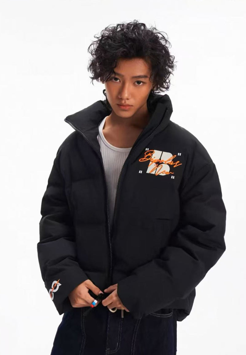 BIPOLAR Contrast Color Embroidered Letters Down Jacket