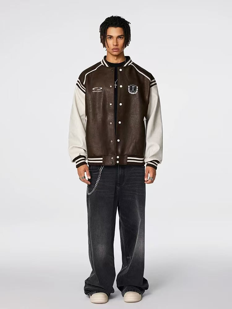 ACHOCK Logo Embroidered Retro Color Block Baseball Leather Jacket
