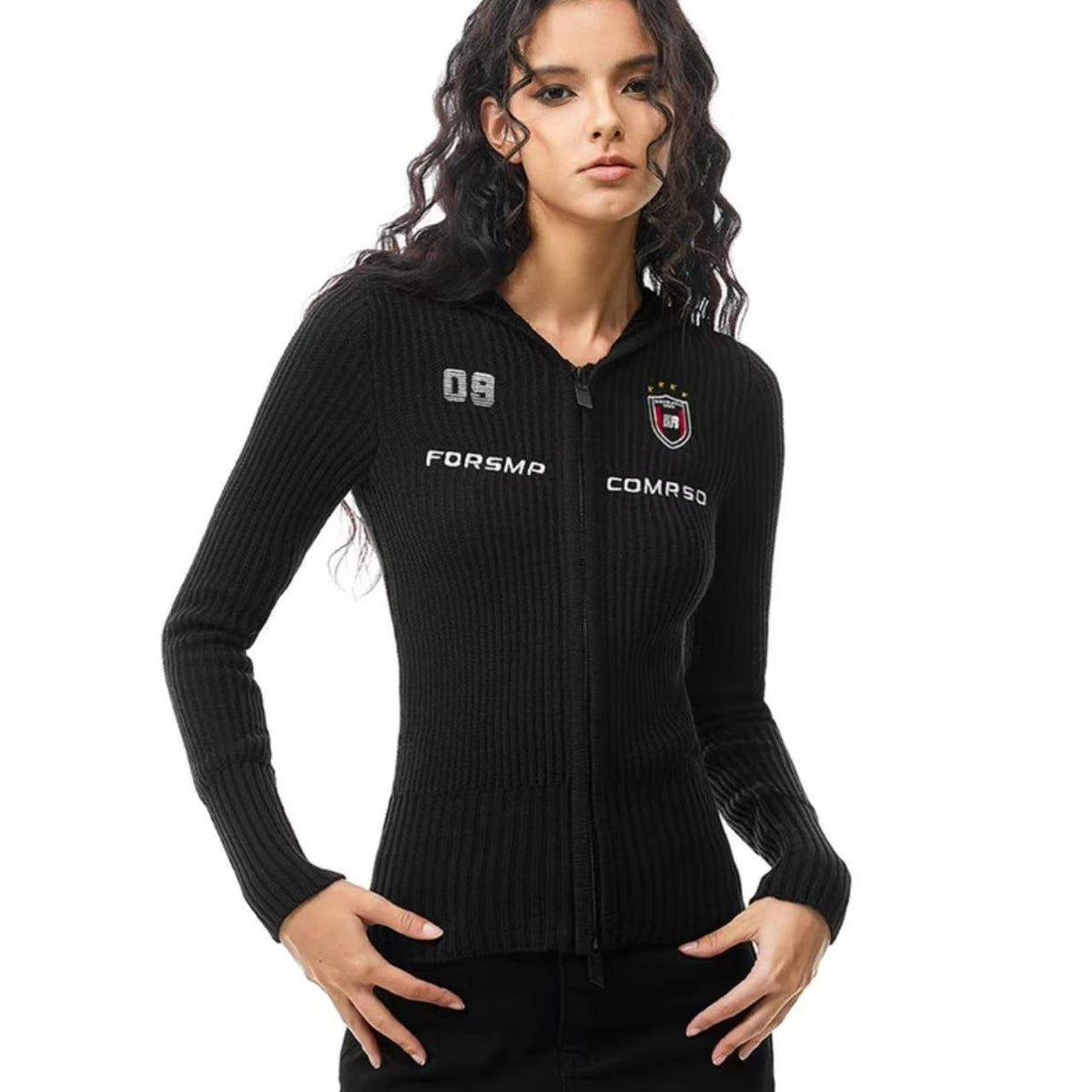FDR Slim Fit Badge Knitted Zipper Hoodie (For Women)