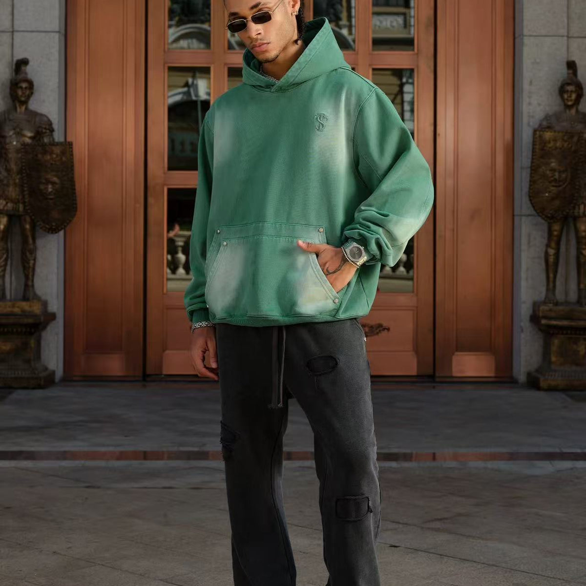 STK Double Pouch Rivet Pocket Wash Hoodie