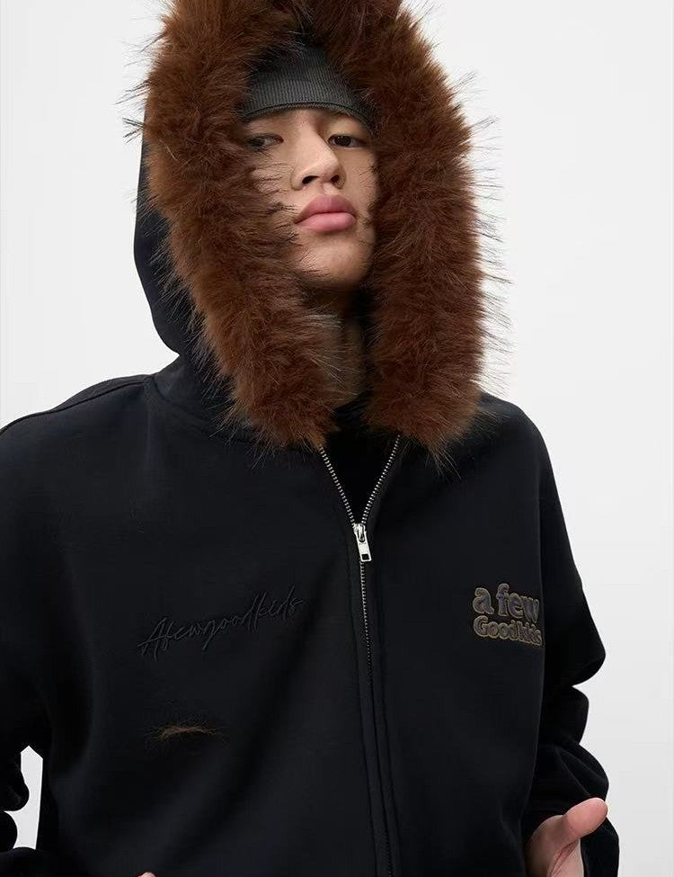 AFGK Retro Fur Collar Embroidered Hooded Cardigan Sweatshirt