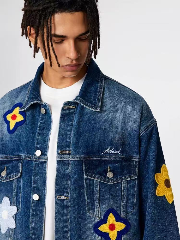 ACHOCK Flower Embroidered Denim Jacket