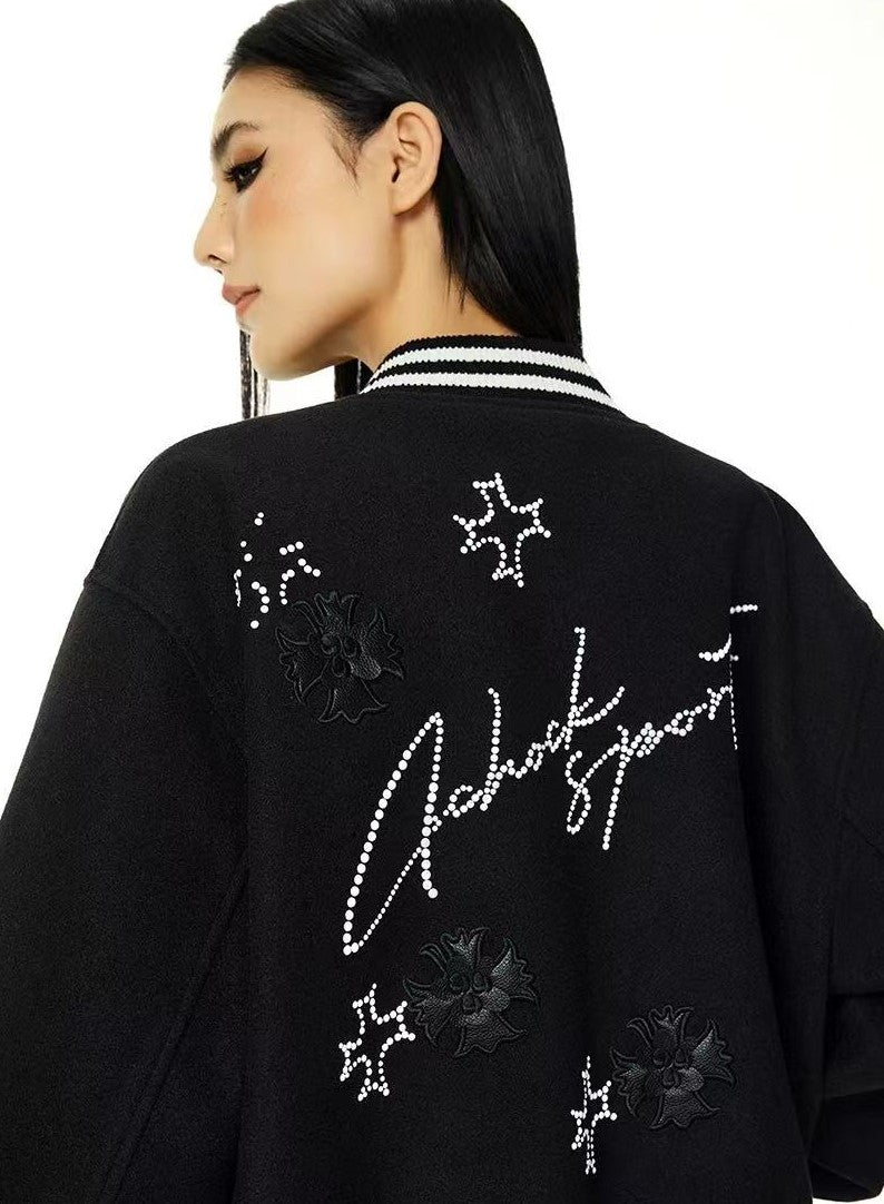 ACHOCK Heavy Embroidered Pearl Design Baseball Jacket
