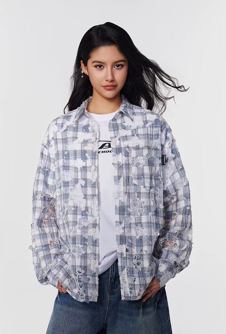 ACHOCK  Lace Lapel Plaid Long-sleeve Shirt