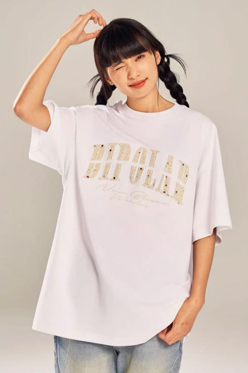 BIPOLAR  Round Neck Patch Embroidered T-shirt
