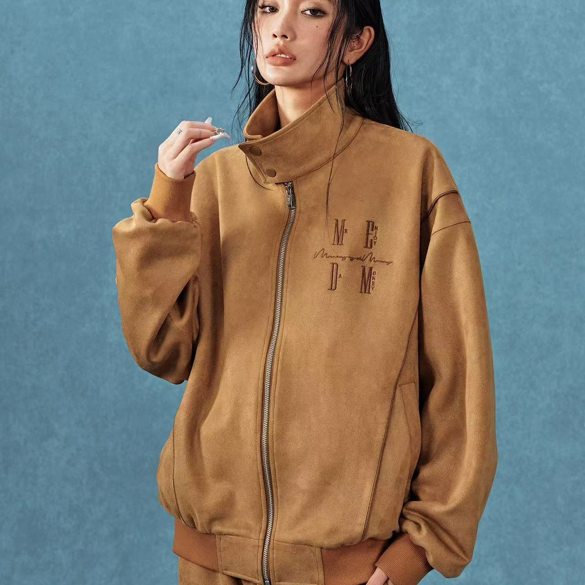 MEDM Stand Collar Suede Paneled Jacket