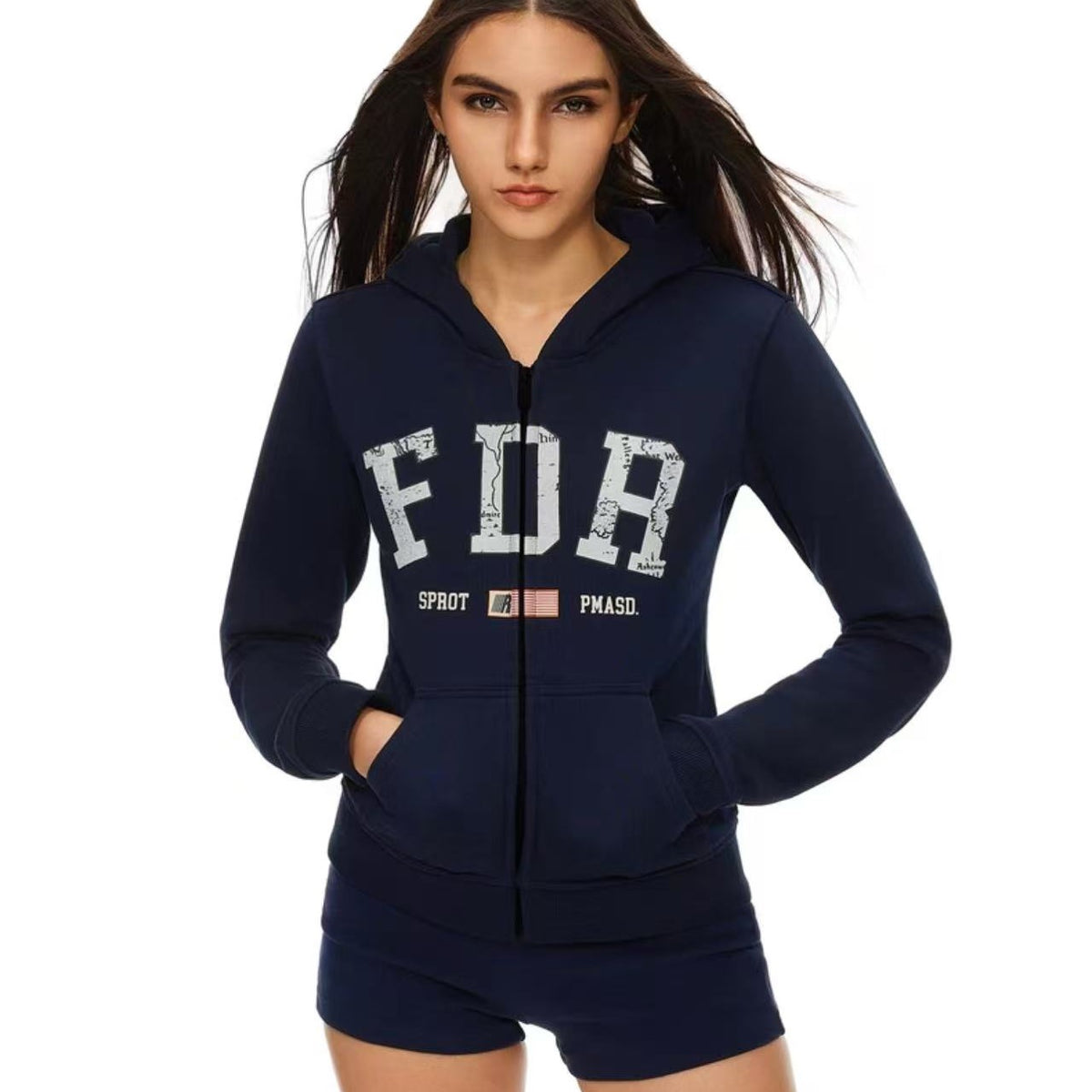 FDR Retro Logo Printed Zipper Hoodie (For Women)
