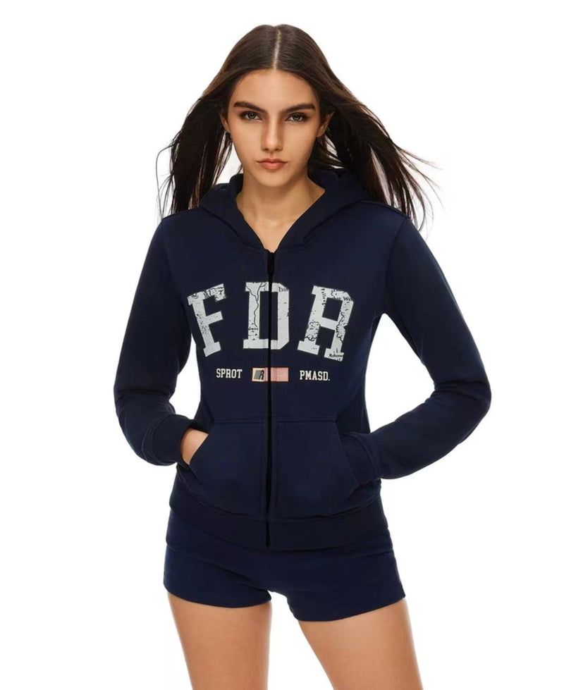 FDR Retro Logo Printed Zipper Hoodie (For Women)