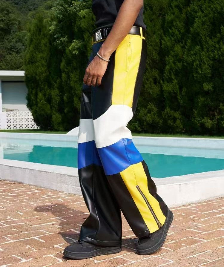 AFGK Street Black and Yellow Contrast Zipper Leather Pants