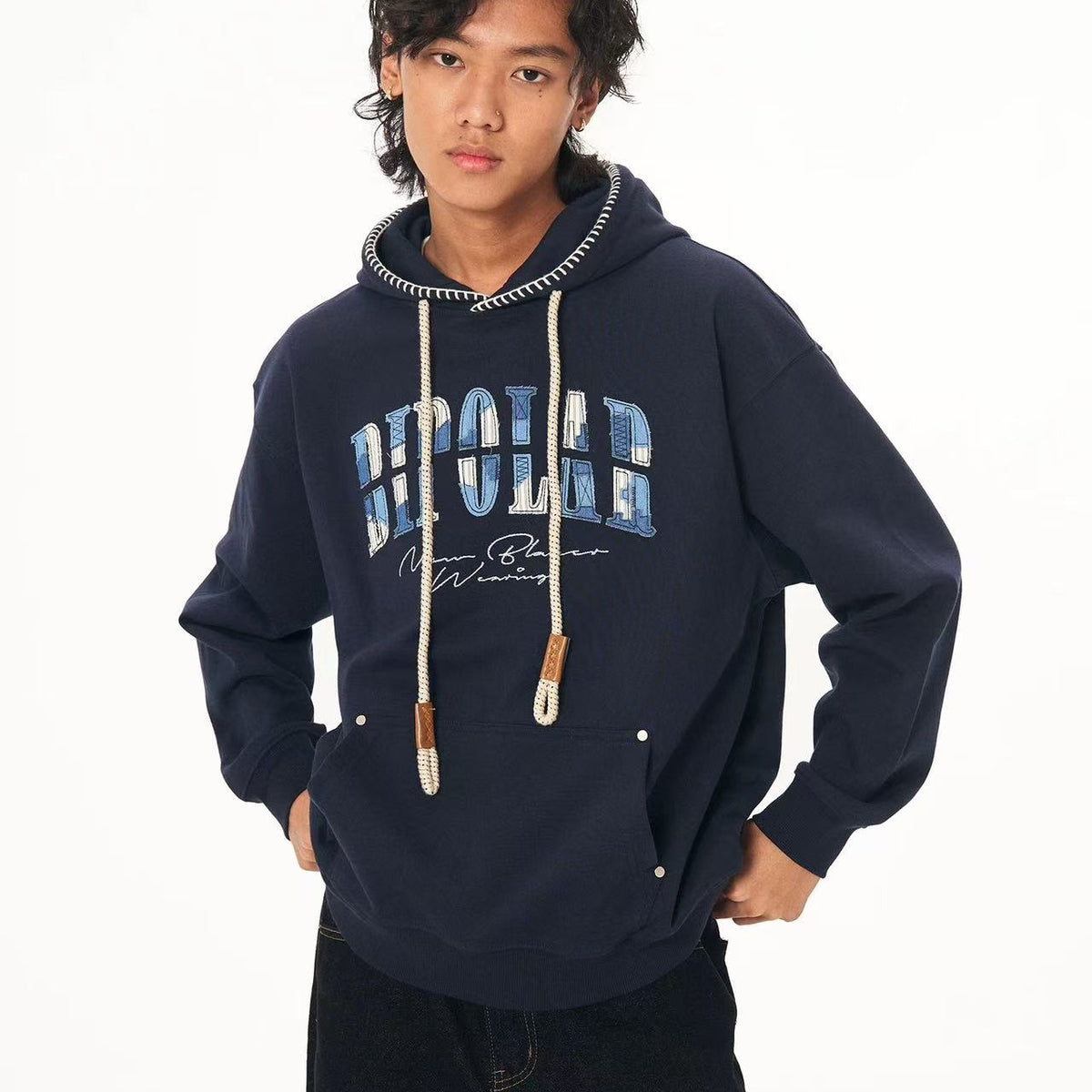 BIPOLAR Denim Striped Patch hoodie
