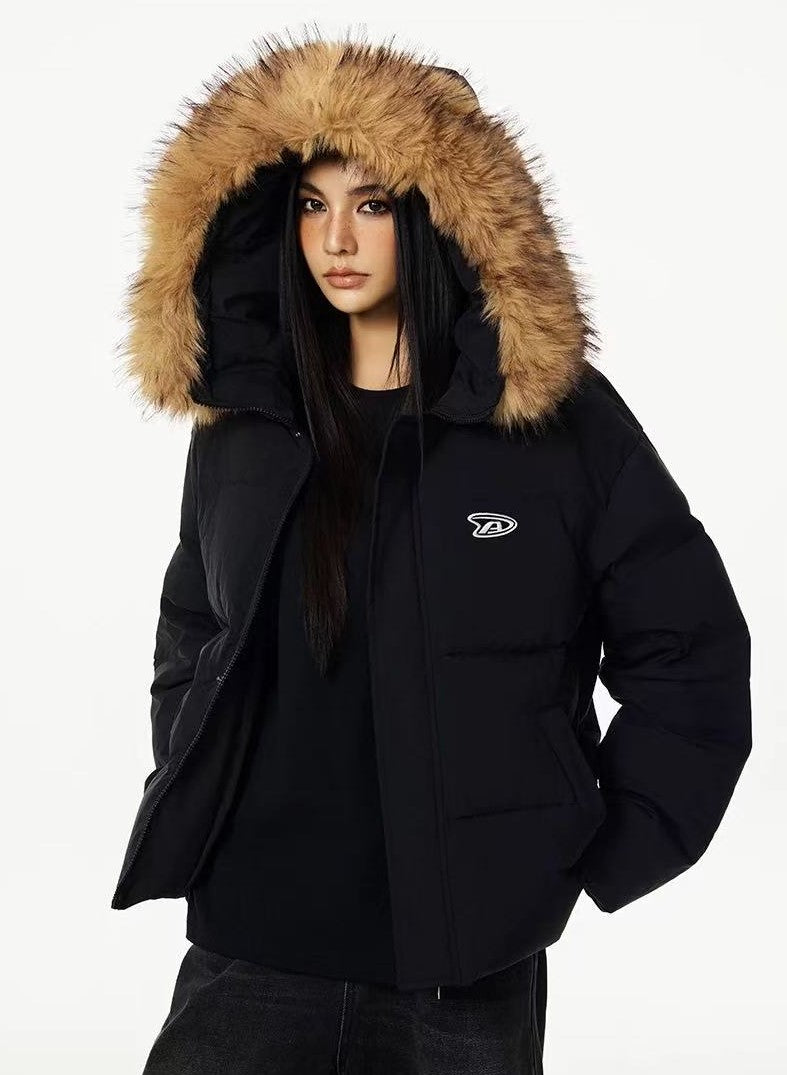 ACHOCK Logo Print Fur Collar Hooded Down Jacket